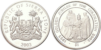 Сьерра-Леоне 1 доллар 2003 50 лет коронации Королевы Елизаветы II KM 282 медно-никель BU 4368-1125