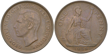 Великобритания 1 пенни 1938 Георг VI (1936-1952) KM 845, Spink 4114 бронза    69-1123