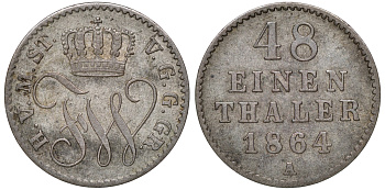 Мекленбург-Стрелиц 1/48 талера 1864 A, Фридрих Франц II (1842-1883) Jaeger 119, AKS 72, KM 96 (C49) серебро 4516-718