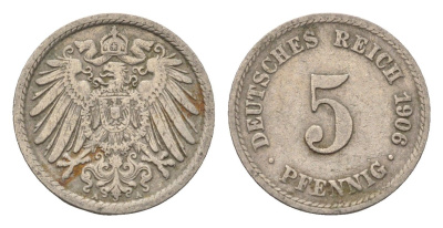 Германия 5 пфеннигов 1906 A KM 11, J. 12 медно-никель 4696-633