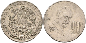 Мексика 20 сентаво 1976 Франциско Индалеси KM 442 медно-никель 4567-332