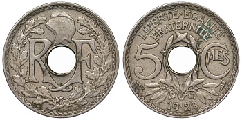 Франция 5 сантимов 1923 Пуасси KM 875, Le Franc 122.7 медно-никель 4124-323