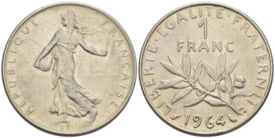 Франция 1 франк 1964 сеятель KM 925.1, Le Franc 226.8 никель 217-1124