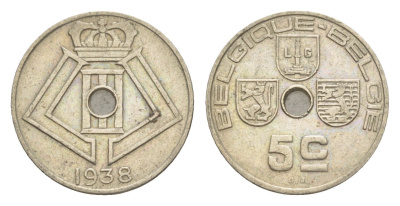 Бельгия 5 сантимов 1938 Belgique - Belgie, Альберт I (1909-1934) KM 110 никель латунь 4169-419
