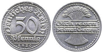 ГЕРМАНИЯ 50 ПФЕННИГОВ 1920 D KM 27, J. 301 алюминий 4380-811