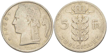БЕЛЬГИЯ 5 ФРАНКОВ 1958 BELGIQUE, БОДУЭН I (1951-1993) KM 134.1 медно-никель 202-1233