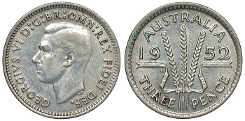 Австралия 3 пенса 1952 m, Георг VI (1937-1952), без букв KM 44 серебро 71-364