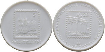 ГЕРМАНИЯ, МЕЙСЕН МЕДАЛЬ 1991 МЕЖДУНАРОДНАЯ ФИЛАТЕЛИСТИЧЕСКАЯ ВЫСТАВКА В КЁЛЬНЕ 25-27 ОКТЯБРЯ 1991, ФИЛАДЕЛЬФИЯ 91, ДИАМЕТР 41 ММ. фарфор 1088-2-22