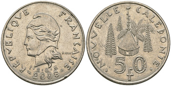 Французская Новая Каледония 50 франков 2008 хижина среди сосен и пальм, (IEOM) KM 13a, Schoen 15a, Lec 128i медно-никель 114-313