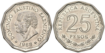 Аргентина 25 песо 1968 80 лет со дня смерти Доминго Фаустино Сармиенто KM 63 сталь плакированная никелем 4121-1155