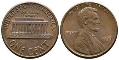 США 1 цент 1990 Линкольн KM 201b цинк плакированный медью    4608-425