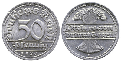 ГЕРМАНИЯ 50 ПФЕННИГОВ 1920 D KM 27, J. 301 алюминий 4380-811