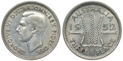 Австралия 3 пенса 1952 m, Георг VI (1937-1952), без букв KM 44 серебро 71-364