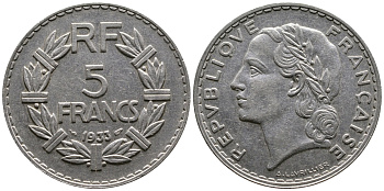 ФРАНЦИЯ 5 ФРАНКОВ 1933 KM 888 никель 63-1241