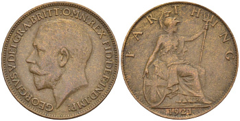 Великобритания 1 фартинг 1921 Георг V (1910-1936) KM 808.2, Spink 4060 бронза 4543-1022