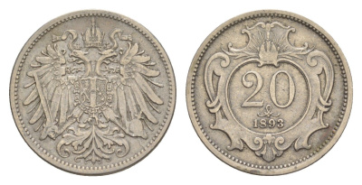 Австрия 20 геллеров 1893 Франц Иосиф I (1848-1916) KM 2803 никель 4639-1049