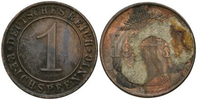 Германия 1 рейхспфенниг ND (1930-1936) A KM 37, J. 313 бронза 4189-1043