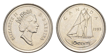 Канада 10 центов 1993 Елизавета II (1952-2022), парусник KM 183 никель UNC 4639-656