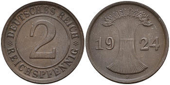 Германия 2 рейхспфеннига 1924 D KM 38, J.314, Weege 4 медь 4584-633