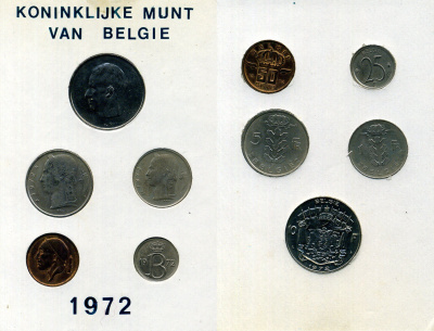 Бельгия набор из 5 монет (25 и 50 сантимов; 1, 5 и 10 франков) 1972 Belgie, в оригинальном буклете мондвора KM SS5 (135.1, 143.1, 149.1, 154.1 и 156.1) UNC 8-2-05-80