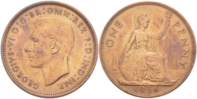 Великобритания 1 пенни 1938 Георг VI (1936-1952) KM 845, Spink 4114 бронза 4403-641