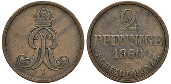 Брауншвейг-Каленберг-Ганновер 2 пфеннига 1860 B, Георг V (1851-1866) KM 234,aKS 153, J. 91 медь 4142-321