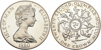 Остров Мэн 1 крона 1980 XXIII Олимпиада 1980 года в Москве, виды спорта KM 65a серебро PROOF 02-039-33