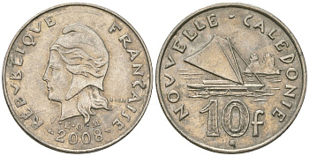 Французская Новая Каледония 10 франков 2008 рыбачья парусная лодка, (IEOM) KM 11a, Schoen 13a, Lec 99k медно-никель 60-733
