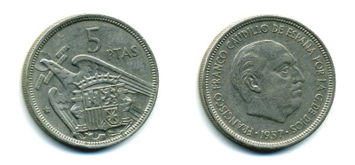ИСПАНИЯ 5 ПЕСЕТ 1957 (74) ФРАНСИСКО ФРАНКО ДИКТАТОР ИСПАНИИ (1939-1975) KM 786 медно-никель 53-1245
