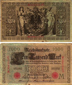 Германия 1000 марок 1910 21 апреля 1910, семизначный номер, серия G Pick 44b  бумага   8610-11-1-1