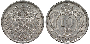 Австрия 10 геллеров 1893 KM 2802 никель 4164-331