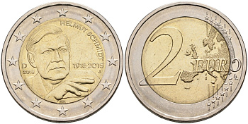 Германия 2 евро 2018 J, 100 лет со дня рождения ГЕЛЬМУТА ШМИДТА KM 366 биметалл 88-343