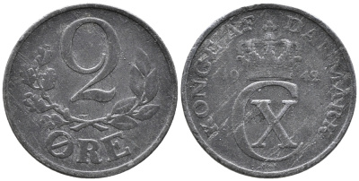 ДАНИЯ 2 ЭРЕ 1942 N; S, КРИСТИАН X (1912-1947) KM 833а цинк 24-1132