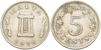 Мальта 5 центов 1976 Ритуальный алтарь в храме Хаджар-Ким KM 10 медно-никель 4521-1135