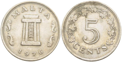 Мальта 5 центов 1976 Ритуальный алтарь в храме Хаджар-Ким KM 10 медно-никель 4521-1135