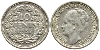 Нидерланды 10 центов 1937 Вильгельмина I (1890-1948) КМ 163 серебро 26-559