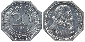 Германия, Нюрнберг - Фюрт 20 пфеннигов ND трамвайный жетон, Венцель Ямницер алюминий UNC 4119-552
