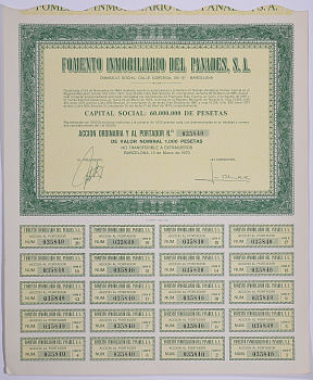 Испания акция на 1000 песет 1973 Fomento Inmobiliario del Panades, S.A., Барселона 1973, с купонами бумага 5544-11