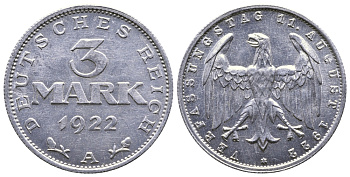 Германия 3 марки 1922 А, третья годовщина Веймарской Конституции KM 29, J. 303 алюминий 4380-745
