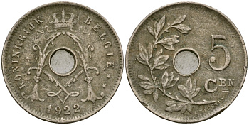 Бельгия 5 сантимов 1922 BELGI? KM 67 медно-никель 4174-259