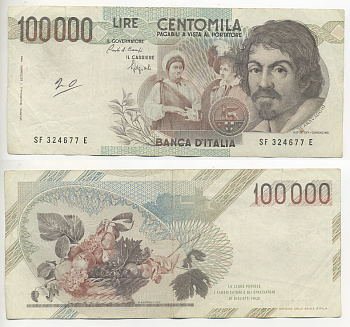 Италия 100000 лир 1983 Караваджо, фруктовый букет, подпись Stevani Pick 110а бумага 7220-1-3
