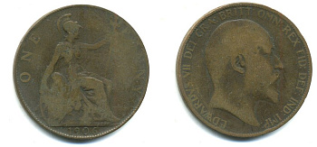 Великобритания 1 пенни 1906 Эдуард VII (1901-1910) KM 794.2, Spink 3990 бронза 47-244