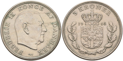 Дания 5 крон 1965 C;S, Фредерик IX (1947-1972) KM 851.1 медно-никель 4572-316