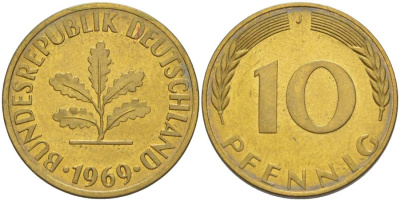 ФРГ 10 ПФЕННИГОВ 1969 J KM 108, J. 383 сталь плакированная латунью 219-434