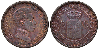 Испания 2 сентимо 1905 Альфонсо XIII KM 722 медь 4115-431