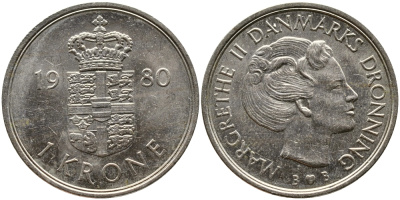 Дания 1 крона 1980 S; B, Маргрете II (1972-) KM 862.1 медно-никель 4610-946
