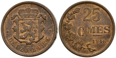 Люксембург 25 сантимов 1946 Шарлотта (1918-1964) KM 45 бронза 4115-831