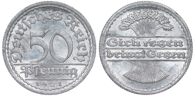 Германия 50 пфеннигов 1921 A KM 27, J. 301 алюминий aUNC 4114-616