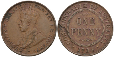 Австралия 1 пенни 1934 Георг V (1910-1936), технологический брак, неровность заготовки KM 23 бронза 4607-1231