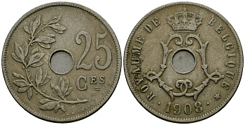Бельгия 25 сантимов 1908 Belgique KM 62 медно-никель 4168-1143